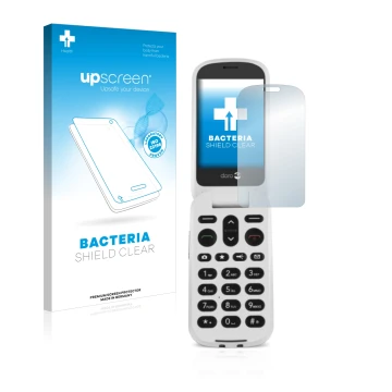 Face avant d’un emballage produit avec le logo de la marque upscreen. À côté, l’appareil Doro 6050 est représenté avec la prot