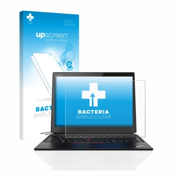 Face avant d’un emballage produit avec le logo de la marque upscreen. À côté, l’appareil Lenovo ThinkPad X1 Yoga (1ère Gen.) e