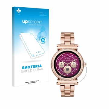 Face avant d’un emballage produit avec le logo de la marque upscreen. À côté, l’appareil Michael Kors Access Sofie est représe