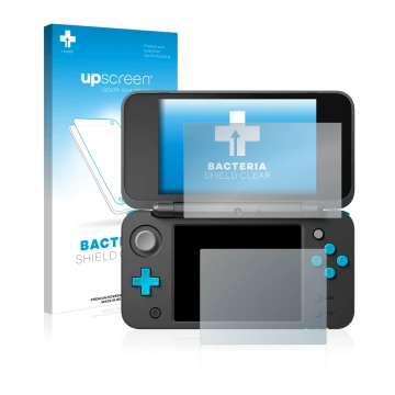 Face avant d’un emballage produit avec le logo de la marque upscreen. À côté, l’appareil Nintendo 2DS XL est représenté avec l
