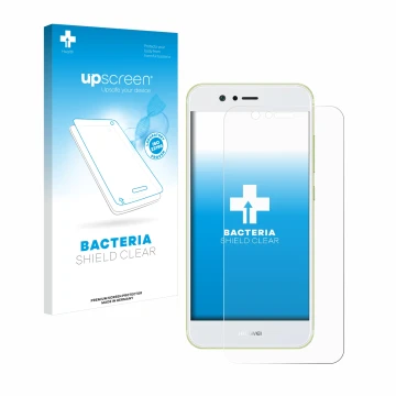 Face avant d’un emballage produit avec le logo de la marque upscreen. À côté, l’appareil Huawei Nova 2 est représenté avec la 