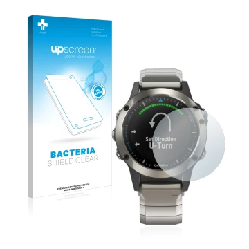 Face avant d’un emballage produit avec le logo de la marque upscreen. À côté, l’appareil Garmin quatix 5 est représenté avec l