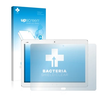 Face avant d’un emballage produit avec le logo de la marque upscreen. À côté, l’appareil Huawei MediaPad M3 Lite 10.1 est repr