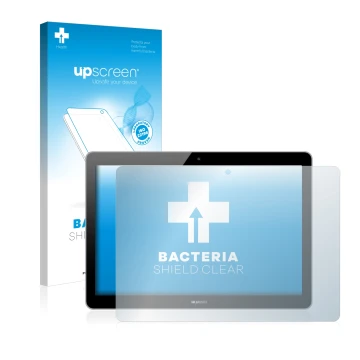 Face avant d’un emballage produit avec le logo de la marque upscreen. À côté, l’appareil Huawei MediaPad T3 10 est représenté 