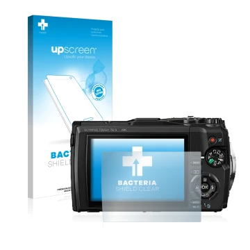 Face avant d’un emballage produit avec le logo de la marque upscreen. À côté, l’appareil Olympus Tough TG-5 est représenté ave