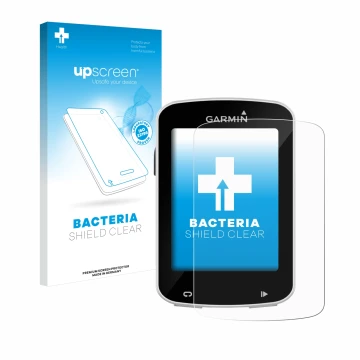 Face avant d’un emballage produit avec le logo de la marque upscreen. À côté, l’appareil Garmin Edge Explore 820 est représent