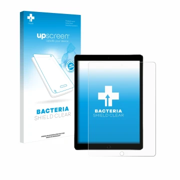 Face avant d’un emballage produit avec le logo de la marque upscreen. À côté, l’appareil Apple iPad Pro 12.9