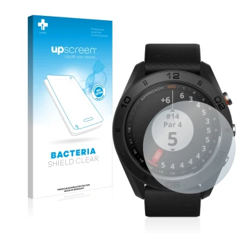 Face avant d’un emballage produit avec le logo de la marque upscreen. À côté, l’appareil Garmin Approach S60 est représenté av