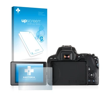 Face avant d’un emballage produit avec le logo de la marque upscreen. À côté, l’appareil Canon EOS 200D est représenté avec la