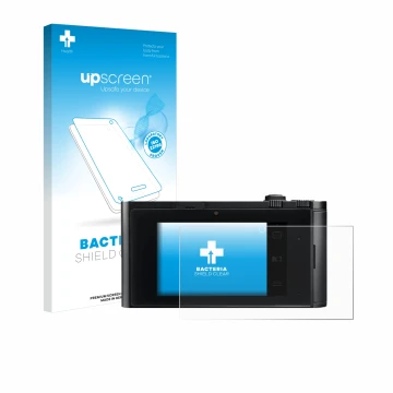 Face avant d’un emballage produit avec le logo de la marque upscreen. À côté, l’appareil Leica TL2 est représenté avec la prot