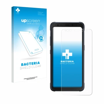 Face avant d’un emballage produit avec le logo de la marque upscreen. À côté, l’appareil Samsung Galaxy S8 Active est représen