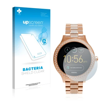 Face avant d’un emballage produit avec le logo de la marque upscreen. À côté, l’appareil Fossil Q Venture est représenté avec 