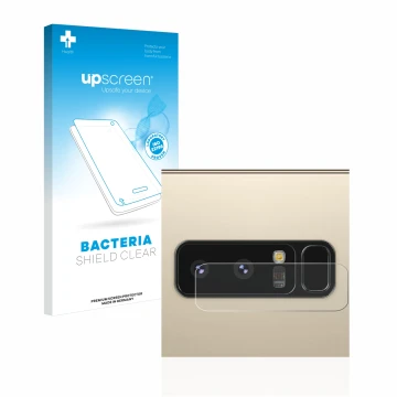 Face avant d’un emballage produit avec le logo de la marque upscreen. À côté, l’appareil Samsung Galaxy Note 8 (Caméra UNIQUEM