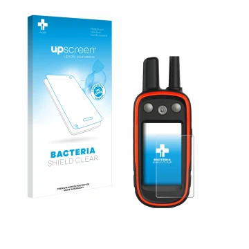 Face avant d’un emballage produit avec le logo de la marque upscreen. À côté, l’appareil Garmin Atemos 100 est représenté avec