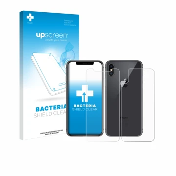 Face avant d’un emballage produit avec le logo de la marque upscreen. À côté, l’appareil Apple iPhone X (Avant+Arrière) est re