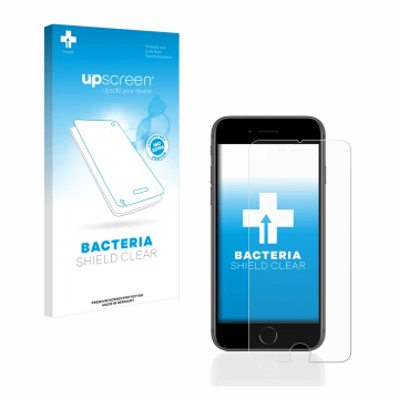 Face avant d’un emballage produit avec le logo de la marque upscreen. À côté, l’appareil Apple iPhone 8 est représenté avec la