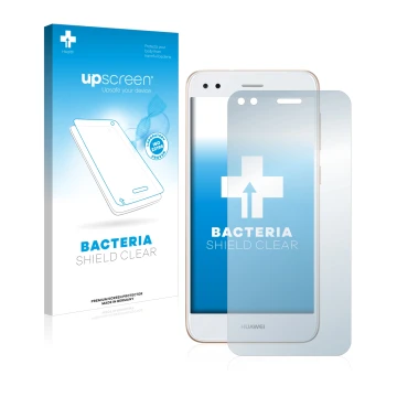 Face avant d’un emballage produit avec le logo de la marque upscreen. À côté, l’appareil Huawei P9 Lite Mini est représenté av