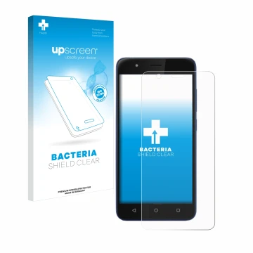 Face avant d’un emballage produit avec le logo de la marque upscreen. À côté, l’appareil Gigaset GS270 plus est représenté ave