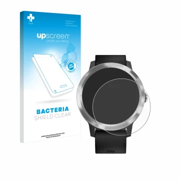 Face avant d’un emballage produit avec le logo de la marque upscreen. À côté, l’appareil Garmin vivoactive 3 est représenté av