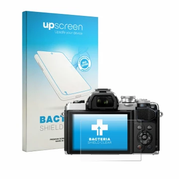 Face avant d’un emballage produit avec le logo de la marque upscreen. À côté, l’appareil Olympus OM-D E-M10 Mark III est repré