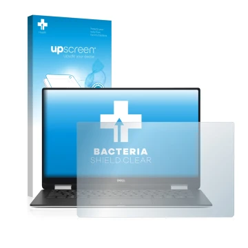 Face avant d’un emballage produit avec le logo de la marque upscreen. À côté, l’appareil Dell XPS 13 9365 2-in-1 est représent