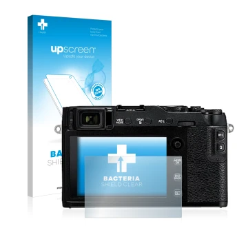 Face avant d’un emballage produit avec le logo de la marque upscreen. À côté, l’appareil Fujifilm X-E3 est représenté avec la 