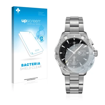 Face avant d’un emballage produit avec le logo de la marque upscreen. À côté, l’appareil TAG Heuer Aquaracer (43 mm) est repré
