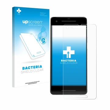 Face avant d’un emballage produit avec le logo de la marque upscreen. À côté, l’appareil Google Pixel 2 est représenté avec la