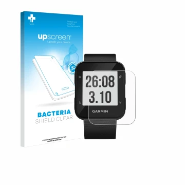 Face avant d’un emballage produit avec le logo de la marque upscreen. À côté, l’appareil Garmin Forerunner 30 est représenté a