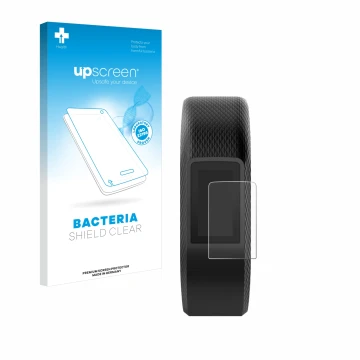 Face avant d’un emballage produit avec le logo de la marque upscreen. À côté, l’appareil Garmin Vivosport est représenté avec 