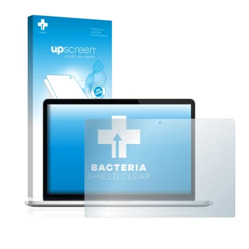 Face avant d’un emballage produit avec le logo de la marque upscreen. À côté, l’appareil Apple MacBook Pro Retina 15