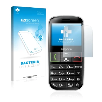 Face avant d’un emballage produit avec le logo de la marque upscreen. À côté, l’appareil Emporia Euphoria V50-3G est représent