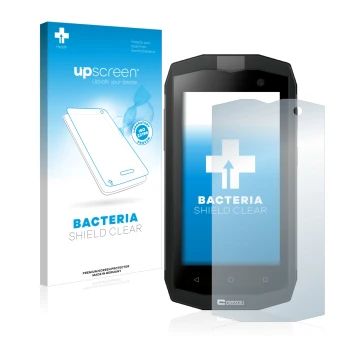 Face avant d’un emballage produit avec le logo de la marque upscreen. À côté, l’appareil Crosscall Trekker M1 Core est représe