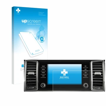 Face avant d’un emballage produit avec le logo de la marque upscreen. À côté, l’appareil Skoda Columbus Kodiaq 2017-2018 Infot