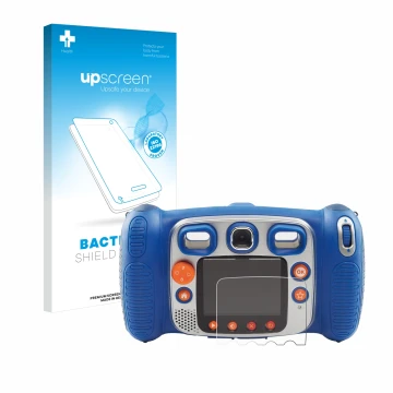 Face avant d’un emballage produit avec le logo de la marque upscreen. À côté, l’appareil Vtech Kidizoom Duo 5.0 est représenté