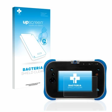 Face avant d’un emballage produit avec le logo de la marque upscreen. À côté, l’appareil Vtech Storio Max 2.0 est représenté a