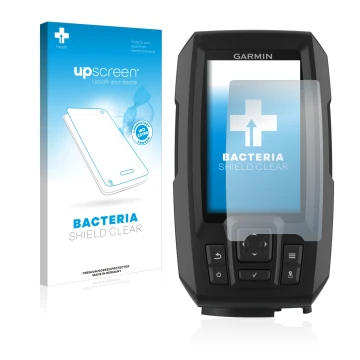 Face avant d’un emballage produit avec le logo de la marque upscreen. À côté, l’appareil Garmin Striker Plus 4 est représenté 