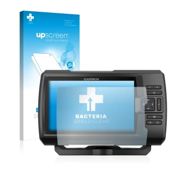Face avant d’un emballage produit avec le logo de la marque upscreen. À côté, l’appareil Garmin Striker Plus 5cv est représent