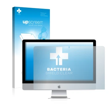 Face avant d’un emballage produit avec le logo de la marque upscreen. À côté, l’appareil Apple iMac 21.5