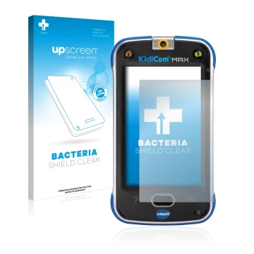 Face avant d’un emballage produit avec le logo de la marque upscreen. À côté, l’appareil Vtech Kidicom Max est représenté avec