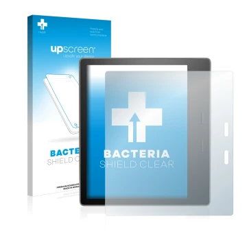 Face avant d’un emballage produit avec le logo de la marque upscreen. À côté, l’appareil Amazon Kindle Oasis 2017 (9ème Gen.) 