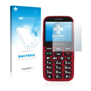 Face avant d’un emballage produit avec le logo de la marque upscreen. À côté, l’appareil Doro Primo 366 est représenté avec la