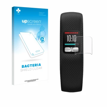 Face avant d’un emballage produit avec le logo de la marque upscreen. À côté, l’appareil Garmin Vivofit 4 est représenté avec 