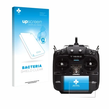 Face avant d’un emballage produit avec le logo de la marque upscreen. À côté, l’appareil Robbe Futaba T16SZ est représenté ave