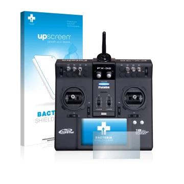 Face avant d’un emballage produit avec le logo de la marque upscreen. À côté, l’appareil Robbe Futaba FX-36 est représenté ave