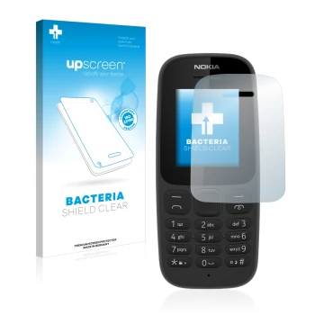 Face avant d’un emballage produit avec le logo de la marque upscreen. À côté, l’appareil Nokia 105 2017 est représenté avec la