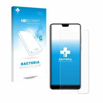 Face avant d’un emballage produit avec le logo de la marque upscreen. À côté, l’appareil Huawei P20 Pro est représenté avec la