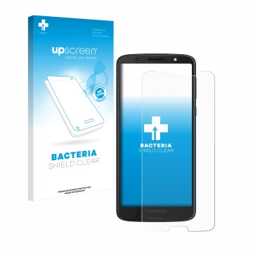 Face avant d’un emballage produit avec le logo de la marque upscreen. À côté, l’appareil Motorola Moto G6 Plus est représenté 