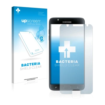 Face avant d’un emballage produit avec le logo de la marque upscreen. À côté, l’appareil Samsung Galaxy J7 Duo 2018 est représ