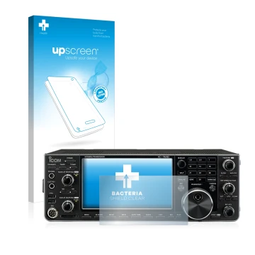 Face avant d’un emballage produit avec le logo de la marque upscreen. À côté, l’appareil Icom IC-7610 est représenté avec la p